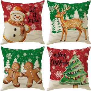 Merry Christmas Pillow Covers Gingerbread Man Snowman Deer Trees Throw Pillow Cases Set of 4 Xmas Winter Decorations for Farmhouse Home Sofa Couch Cushion Cover Party Holiday Decor 18x18 Inch