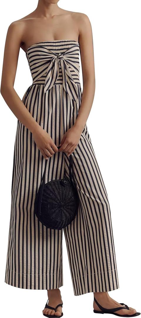 Strapless Tie Front Striped Jumpsuit Long Rompers for Women 2025 Summer One Piece Jumpsuits with Pockets Navy S