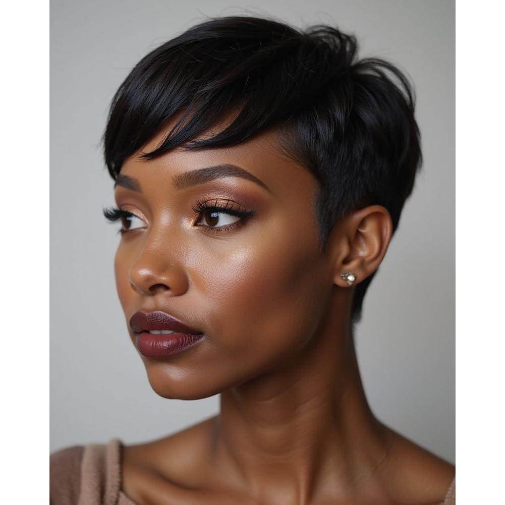 MOONSHOW Short Wigs for Black Women Pixie Cut Wig Black Short Hair Pixie Wigs for Black Women Straight Bowl Cut Wig Black Pixie Wigs With Bangs Short Curly Wigs