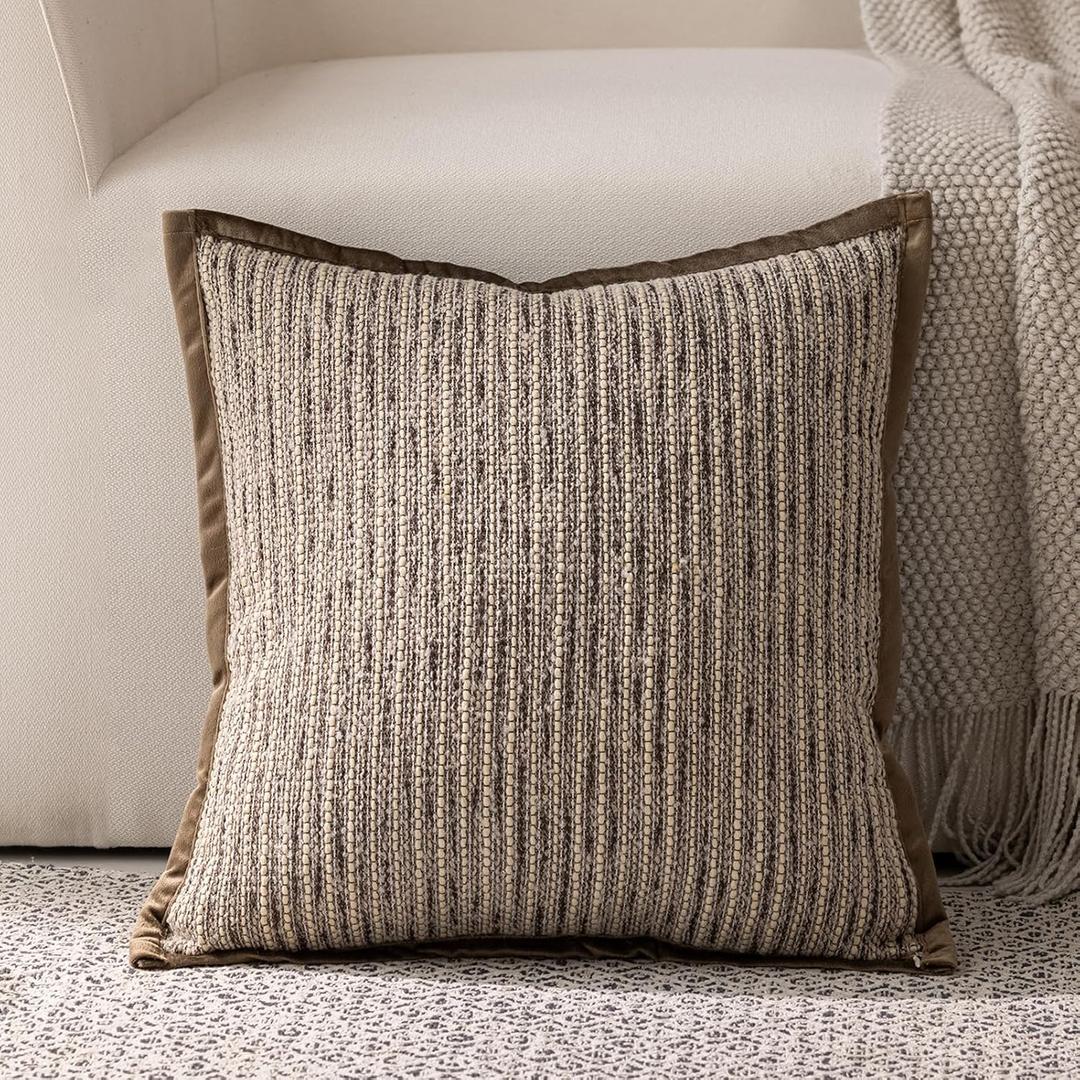 DWR 18x18 Decorative Throw Pillow Cover – Woven Textured Front with Luxurious Dark Khaki Velvet Back, Elegant Welted Trim, Neutral Beige/Brown, Modern Home Décor for Couch, Bed, Chair, Pack of 2