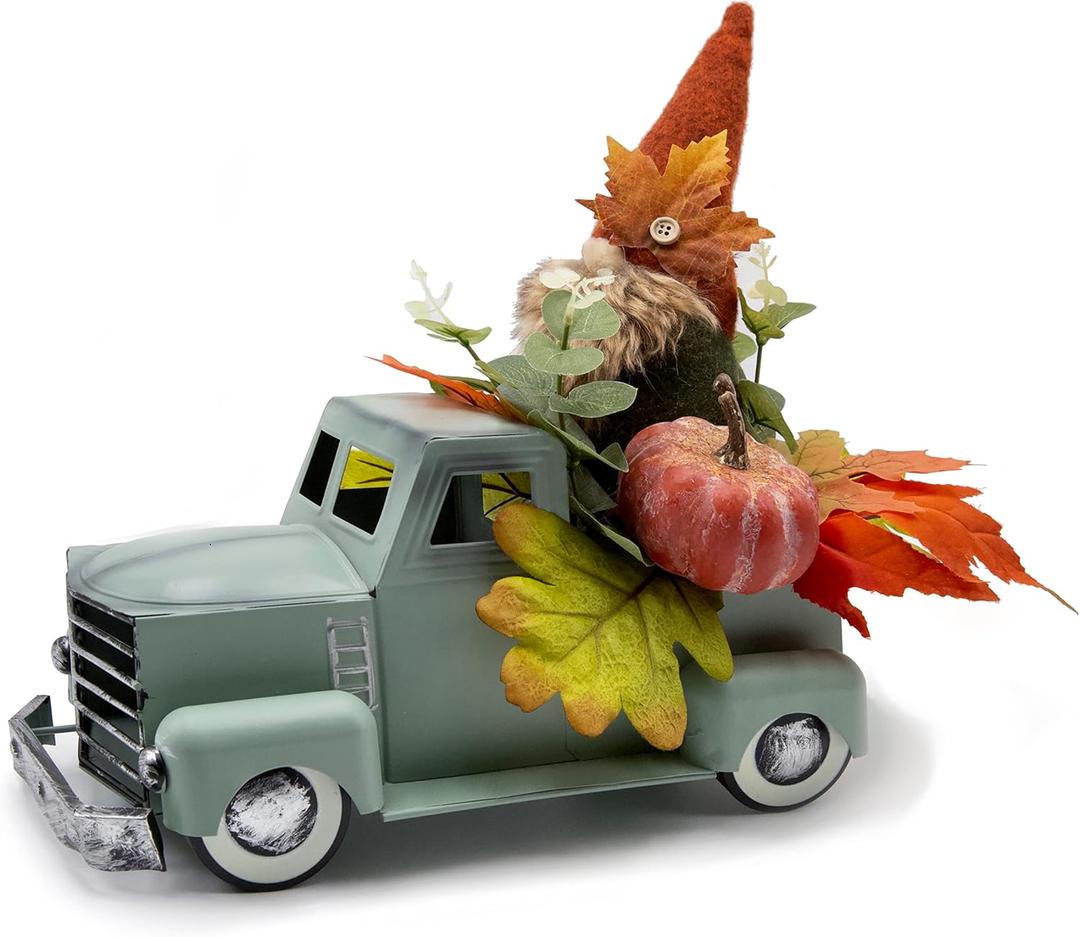 Vintage Turquoise Metal Truck with Gnomes Pumpkin Maple Leaf Farmhouse Table Top Fall Decor, Autumn Themed Thanksgiving Old Pickup Truck Decorations for Home Table Shelf, 12 inch