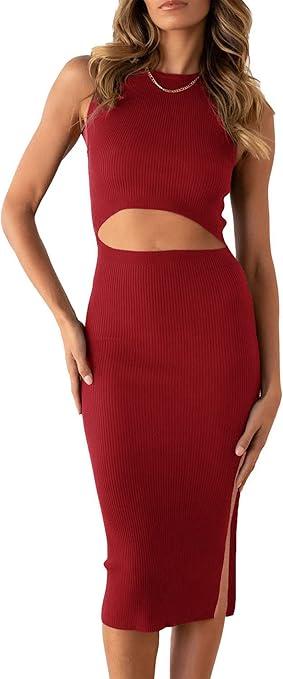PRETTYGARDEN Women's Summer Midi Bodycon Dresses Casual Crew Neck Side Slit Sleeveless Knit Cut Out Tank Top Dress
XL