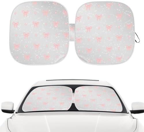 Pink Bow Car Windshield Sun Shade, Foldable UV Protection Window Sunshade with Silver Edging & Storage Pouch, Auto Interior Accessories for Sedan, SUV & Hatchback