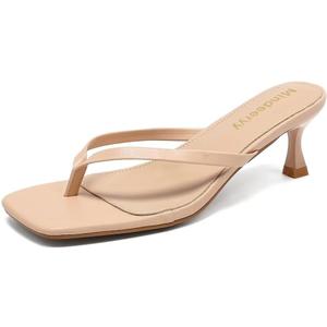 Mindeeryy Thong Sandals Kitten Heels Square Toe Flip Flops Slip On Heels for Women Kitten Heel Sandals Low Heel 2.4 Inch for Casual Nude 7