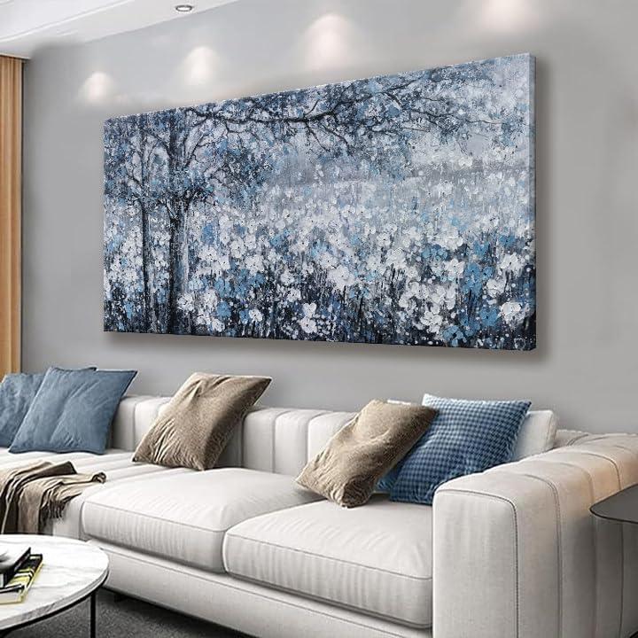 Wall Art for Living Room Blue And White Abstract Tree Flower Modern Artwork Canvas Painting Textured Tree Pictures Wall Decor Bedroom Dining Room Home Office Decor 24"x48" Ready to Hang
