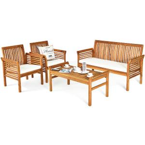 Tangkula 4-Piece Patio Acacia Wood Sofa Set Conversation Table Chairs with Beige Cushions