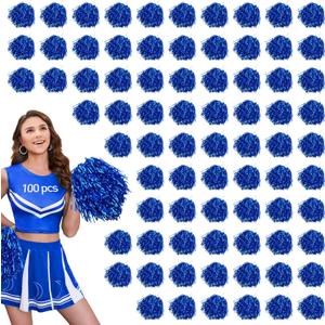 100pcs Blue Metallic Cheerleader Pom Poms with Baton Handle for Kids Adults Cheering Spirit Sports Party Dance Sportsteam
