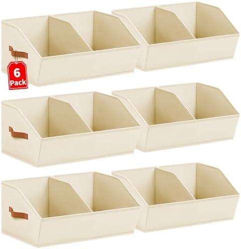 Homsorout Closet Organizers and Storage Bins - 6 Pack Collapsible Divided Trapezoidal Cube Storage Bins Baskets with Orange Handle for Organizing Clothes Blankets, Toys, Books, Towels(Beige)