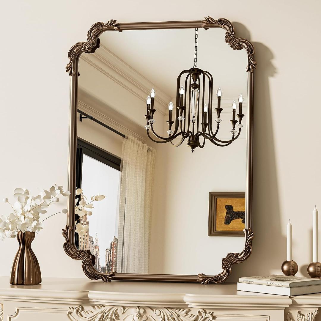 TETOTE Antique Gold Brass Rectangle Mirror for Mantle Fireplace 24 x 32 Baroque Vintage Ornate Scroll Wall Mirror with Metal Frame for Traditional Victorian French Decor, Horizontal/Vertical