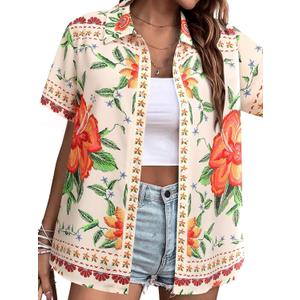 MYMORE  Womens Hawaiian Shirt Luau Party Tropical Vacation Button Down Shirts Short Sleeve Beach Hawaii Floral Print Top (Small, 01_apricot)