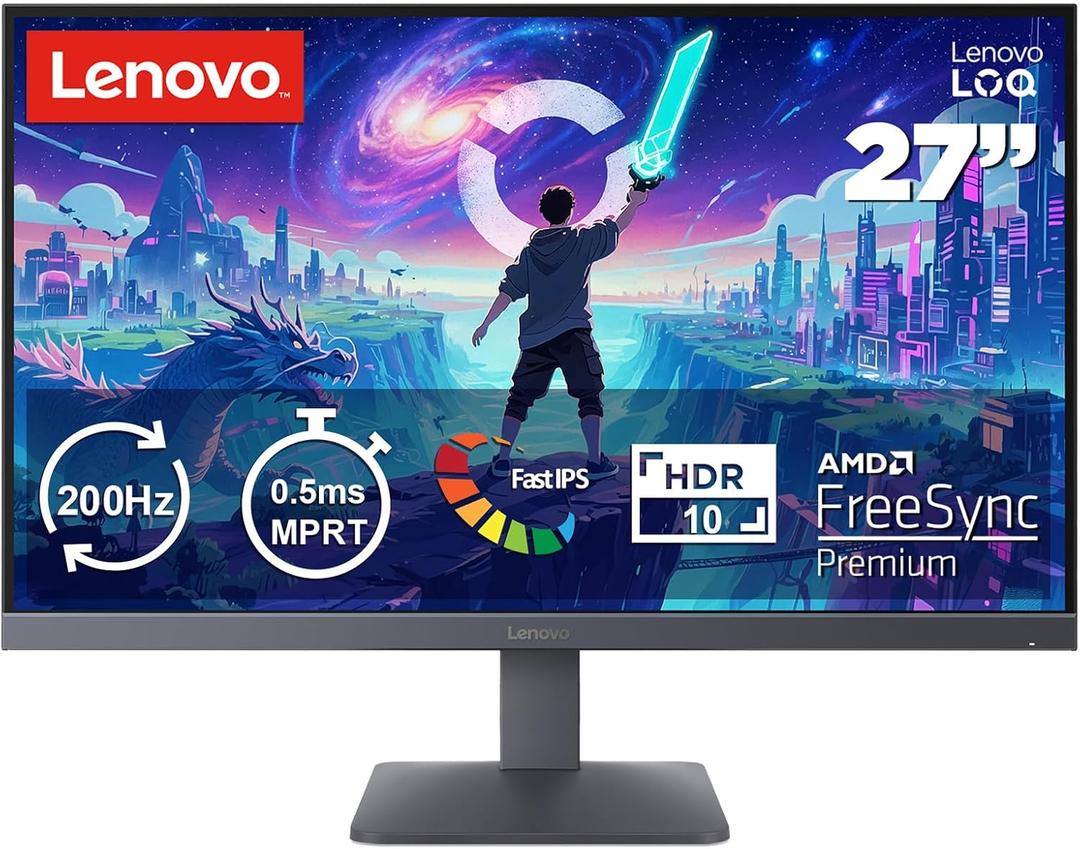Lenovo Legion LOQ 27-10 Gaming Monitor, 27" FHD, Flat IPS, 200Hz, 0.5ms MPRT, AMD FreeSync Premium, HDR10, Tilt Stand, 2X HDMI 2.1 and DP 1.4, Raven Black