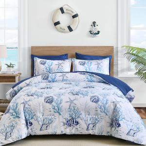 Coastal Queen Size Comforter,7 Pieces Beach Nautical Themed Bedding