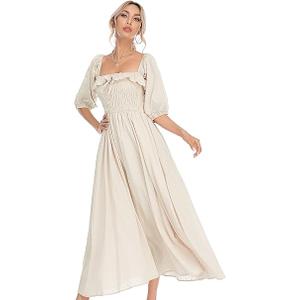 R.Vivimos Women Summer Half Sleeve Cotton Ruffled Vintage Elegant Backless A Line Flowy Long Dresses Beige XL