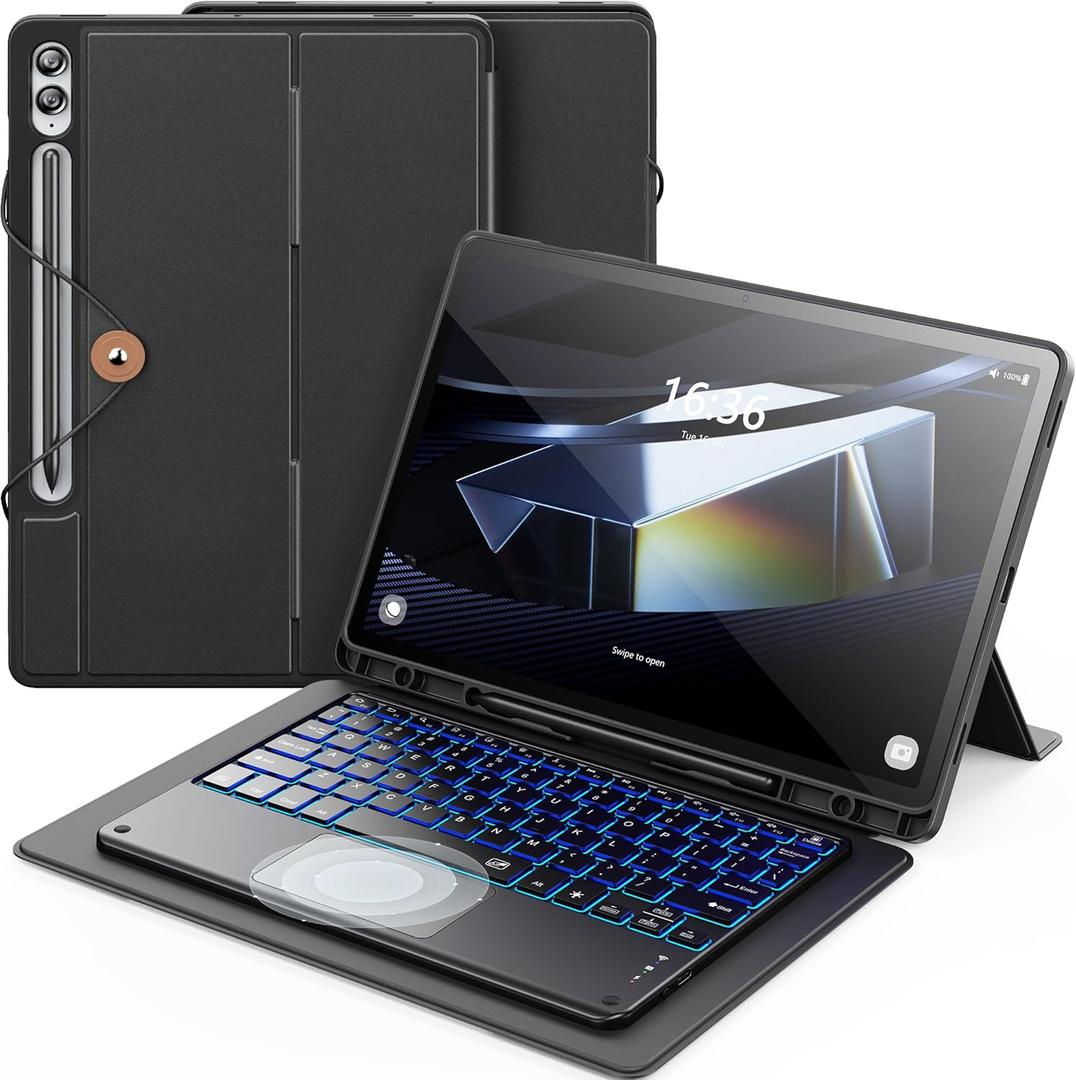 INFILAND Keyboard Case for Samsung Galaxy Tab S10 Plus/S9 Plus /S9 FE+ (12.4 inch) with 7-Color Backlight & High Precision Trackpad, Slim and Portable Detachable Folder Style Keyboard Case,Black