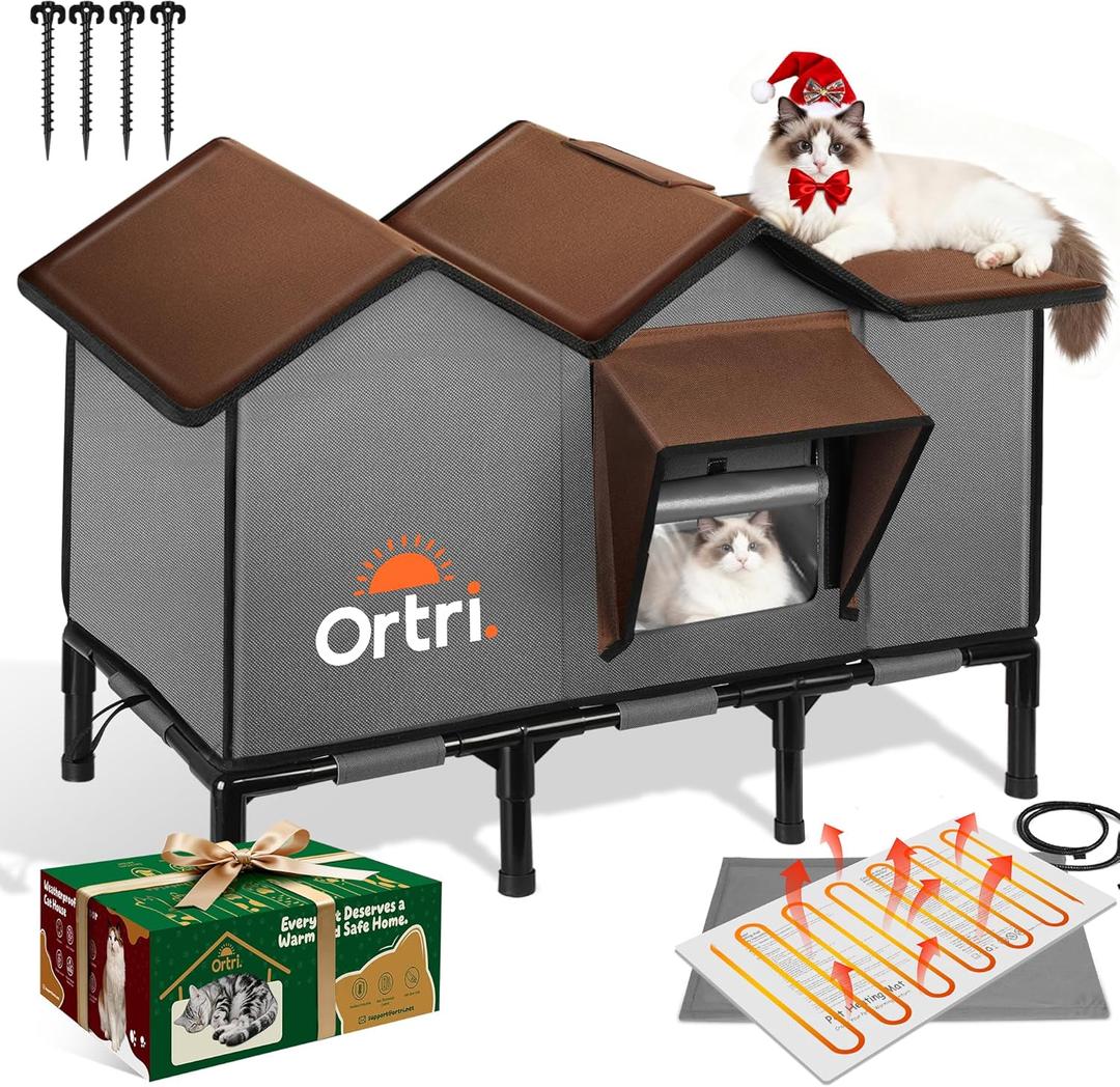 Outdoor Heated Cat House for Outside: Winter Insulated Weatherproof 30"14"20" Shelter with Extra Large Elevated Warm Heater and Waterproof Heating Bed for Multiple Feral Kitties Small Pets for Barn (Brown)