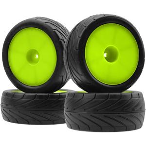 4Pack ShareGoo RC 85mm/3.34" Rubber Tires Front Rear Tyres 12mm Hex Wheel Compatible with Redcat HPI HSP Kyosho 1/10 RC Off-Road Car Buggy (Green)