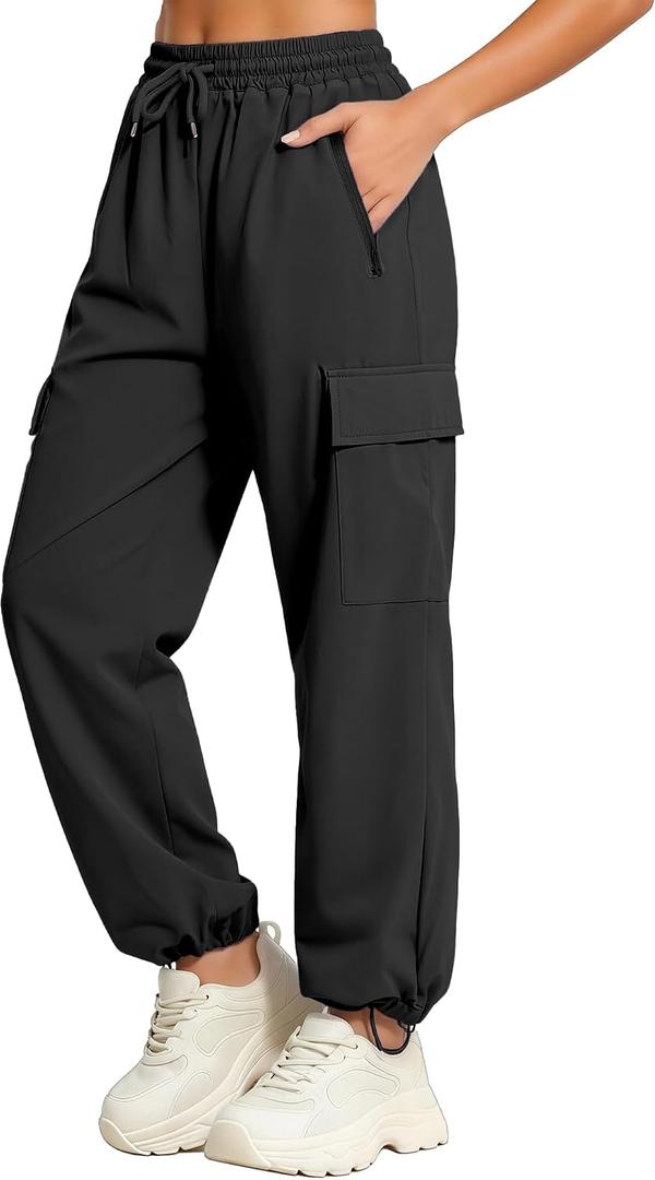 Hvididan Girls Cargo Pants Drawstring Waist Kids Joggers Hiking Pants Trousers with Pockets for Teen Girl Black 9-10 Years