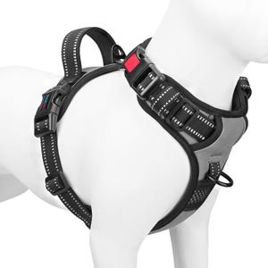 PHOEPET No Pull Dog Harness Medium Reflective Front Clip Vest with Handle,Adjustable 2 Metal Rings 3 Buckles,[Easy to Put on & Take Off](L, Grey) (Gray)
