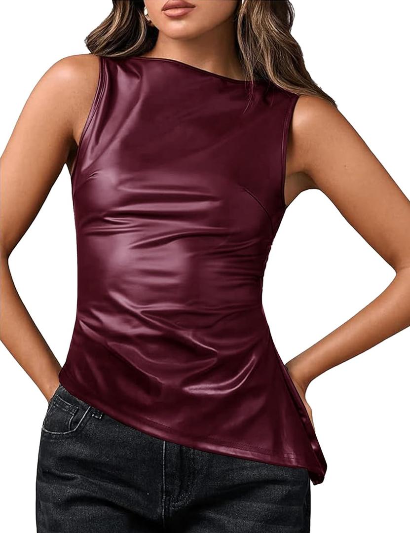 Faux Leather Tops for Women Asymmetrical Hem PU Ruched Fitted Cute Going Out Tank Shirts (Small, Red)