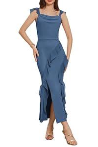 GRACE KARIN Spaghetti Strap High Slit Bodycon Cowl Neck Backless Club Party Maxi Dress Gray Blue, M
