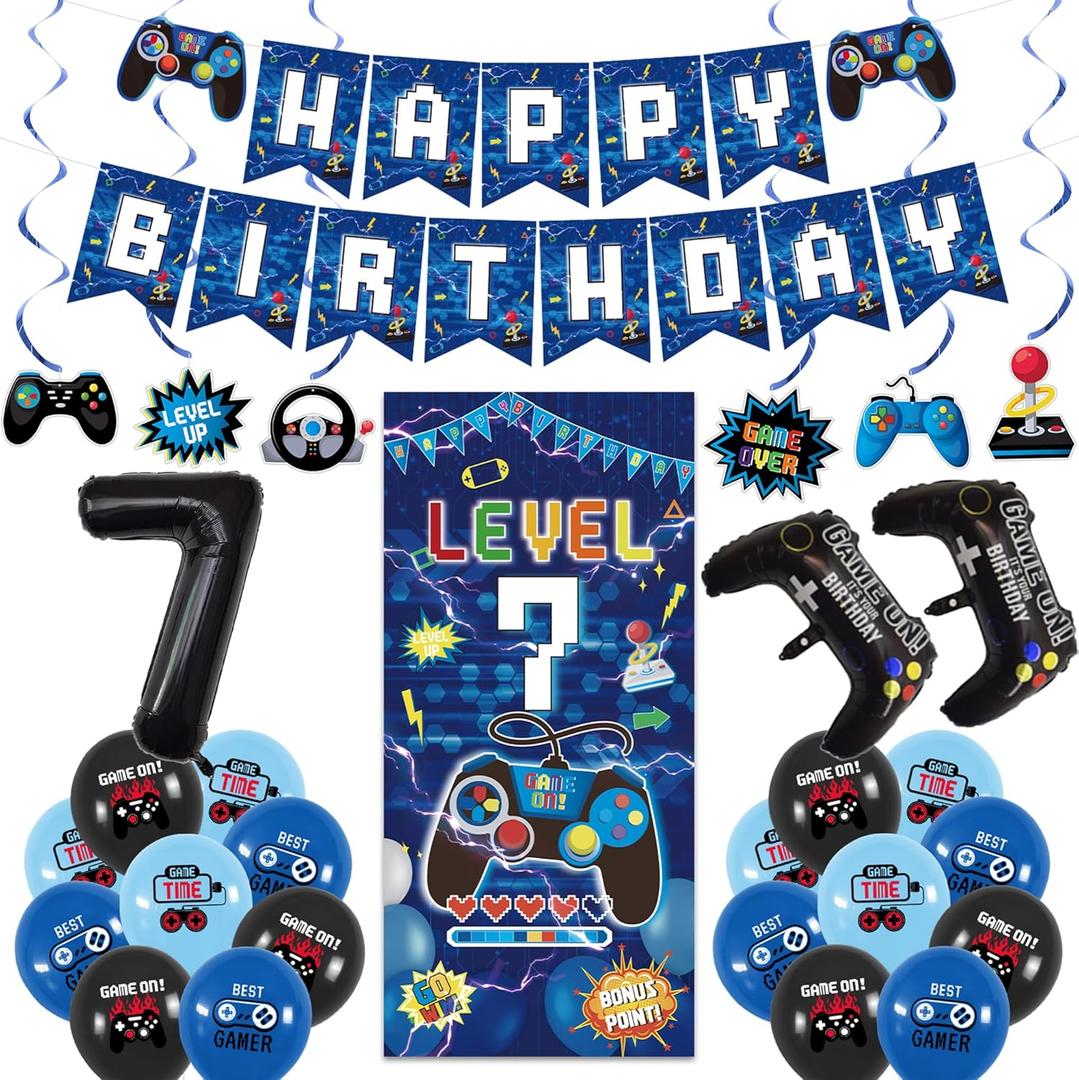 Vlipoeasn Blue 7th Birthday Decorations for Boys, Video Game Level 7 Banner Backdrop Hanging Swirls for 7th Birthday Party, Gamer 7 Years Old Party Supplies