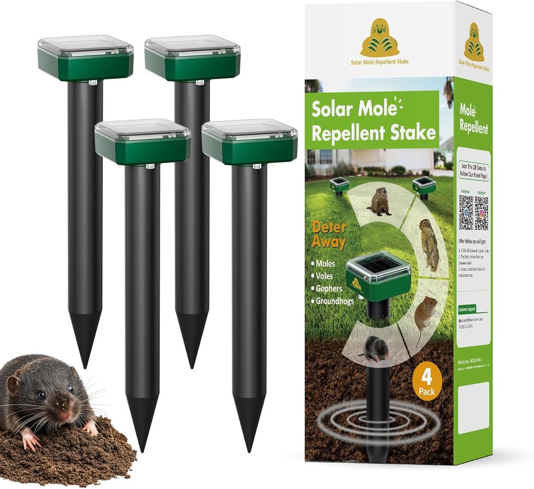 4 Pack Mole Repellent for Lawns Solar Powered Groundhog Spikes, Ultrasonic Mole Stakes for Yard, Waterproof Gopher Repellent to Get Rid of Chipmunk, Vole and Snake for Garden