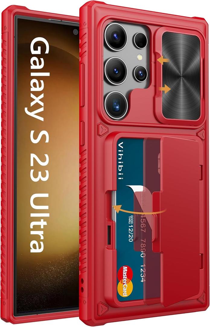 Vihibii for Samsung Galaxy S23 Ultra Case Wallet, Built-in Card Holder, Slide Camera Cover & Stand, Raised Edges Protect Screen & Military Grade Drop Protection for Galaxy S23 Ultra 5G 6.8", Dark Red