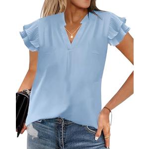 Baccarri Womens Summer Tops Dressy Casual Work Blouses V Neck Ruffle Short Sleeve Shirts Tunics 2024, Size: S
