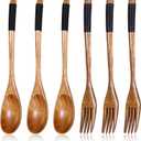 6 PCS Kitchen Wood Dinner Flatware Tableware Set, Wooden Spoon and Fork for Eating Utensil Set Wooden Utensils for Eatings, Reusable Bamboo Eat Utensils for Cooking Eating Kitchen