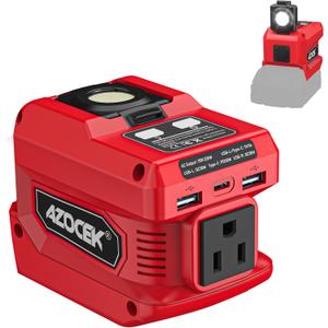 220W Azocek Power Inverter Compatible with Milwaukee 18V Battery, DC 18V to AC 110V Portable Power Station with 1 AC Outlet, 2 USB Ports & 1 Type-C Fast Charging, 400LM LED Work Light (Red)