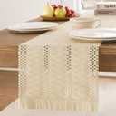ZeeMart Macrame Style Table Runner with Short Tassels, 12x60 Inch Beige, Farmhouse Table Runners 60 Inches Long, Boho Woven Home Decor
