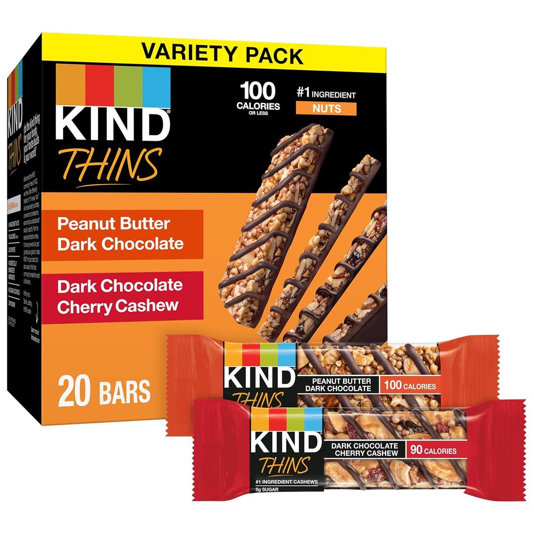 KIND Thins Snack Bars, 2 Flavor Variety Pack, Gluten Free, 100 Calorie, 60 Count, Peanut Butter Dark Chocolate & Dark Chocolate Cherry Cashew (EXP 06/13/26)