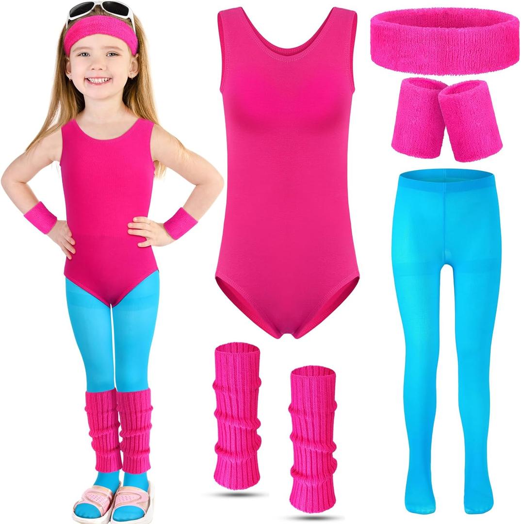 Giegxin Kids 80s Workout Costume Halloween Outfit Accessories Retro Neon Leotard Legging Headband Wristband Leg Warmers (Large, Rose Red, Lake Blue)