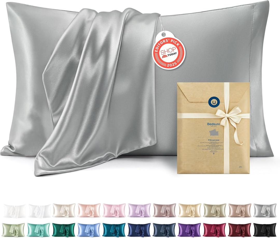 Bedsure Satin Pillowcase 2 Pack Similar to Silk Pillow Cases Standard Size, Pillow Case for Sleeping Women with Envelope Closure, Gifts for Women Men, Silver Grey, 20x26 Inches, 2pcs