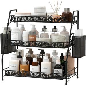 3-Tier Large Size Storage Rack,Counter Organiztion for Bathroom Countertop Organizer Shelf for Spice Racks for Kitchen/Sink/Bedroom/Living room/Office/Plant Rack with Two Metal Baskets (Grey)