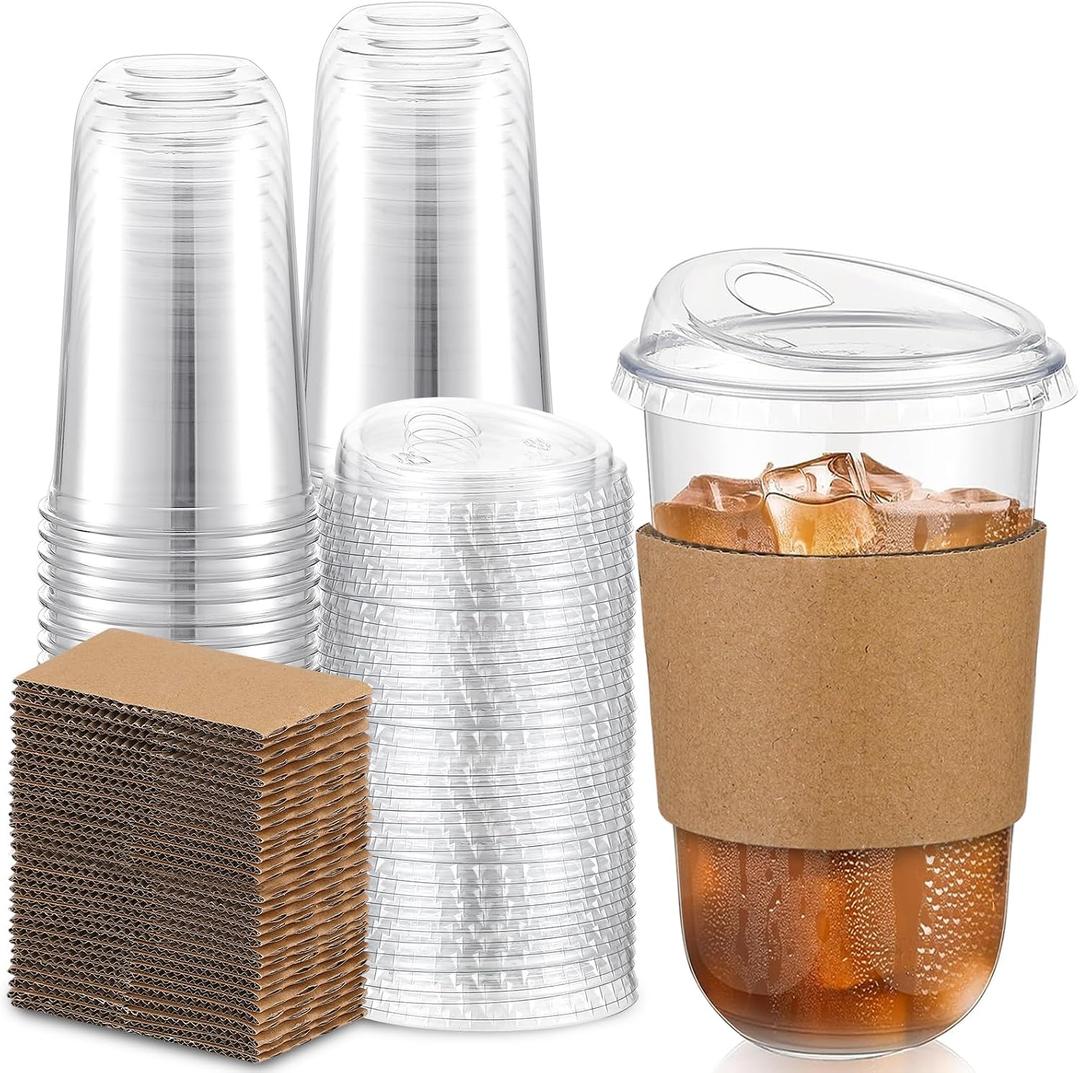 Baderke 50 Sets Clear Plastic Coffee Cups with Sip Lids and Cup Sleeve, Disposable Clear Pet Cups for Iced Coffee Cold Beverage, Shops and Party Catering (18 oz)