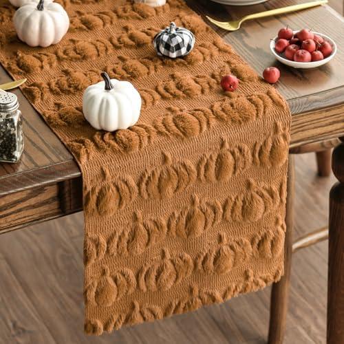 Artoid Mode Caramel Soft Plush Faux Fur Jacquard Pumpkins Fall Table Runner, Seasonal Autumn Kitchen Dining Table Decoration for Home Party Decor 13x36 Inch