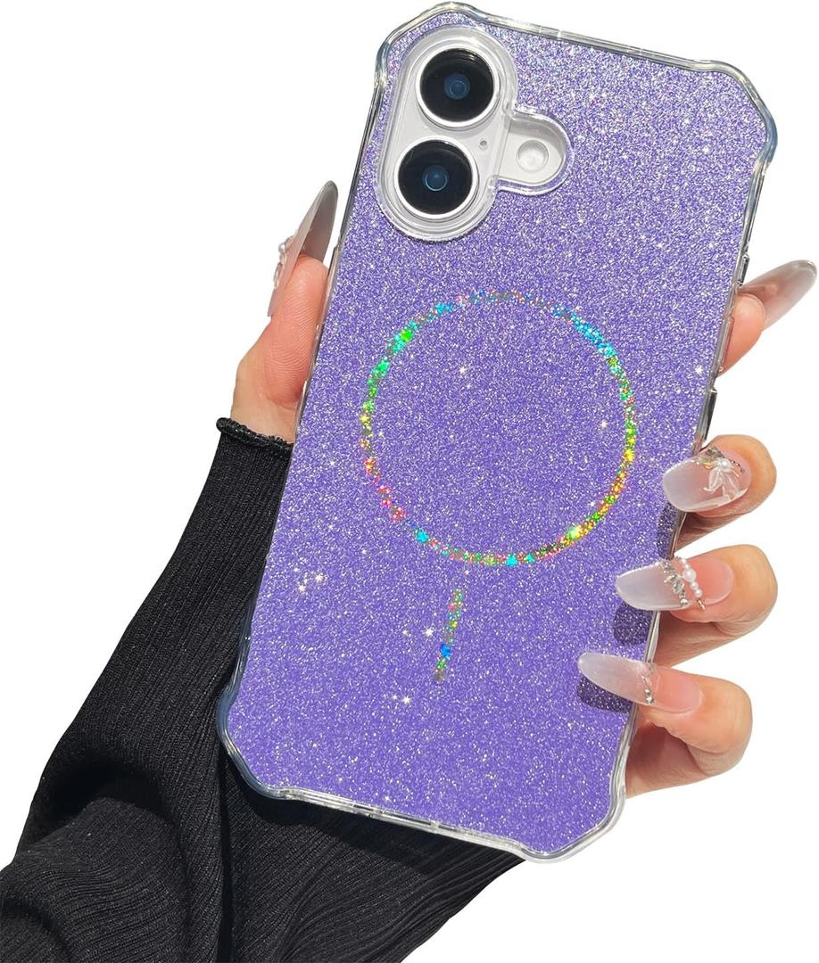 TEECOVER for iPhone 16 Plus Case 6.7-Inch, [Clear Wavy Border][Sparkly Glitters][Fit for MagSafe] Shockproof Cute Slim Phone Case for Women & Girls - Purple