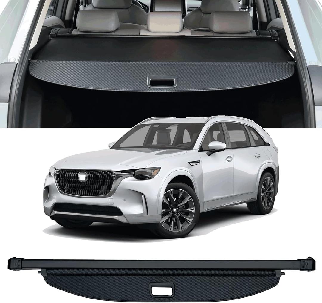 Cargo Cover Compatible with Mazda CX-90 2024 2025 SUV Accessories Retractable Rear Trunk Cover Trunk Security Privacy Screen Cover Mazda CX90 Cargo Cover 2024 (Black/Carbon Fiber Texture)
