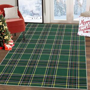 Christmas Washable Area Rug Xmas Buffalo Plaid Area Rugs Holiday Decorative Gingham Check Floor Cover Non-Slip Stain Resistant Accent Rug Farmhouse Dining Bedroom Decor, Green, 4' x 6'