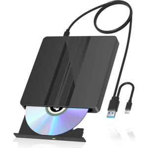 External CD/DVD Drive for Laptop, USB External DVD Drive CD Burner Reader for Laptop, DVD/CD-ROM +/-RW Disc Optical Drives for PC Desktop MacBook Mac Windows10/11 Linux OS