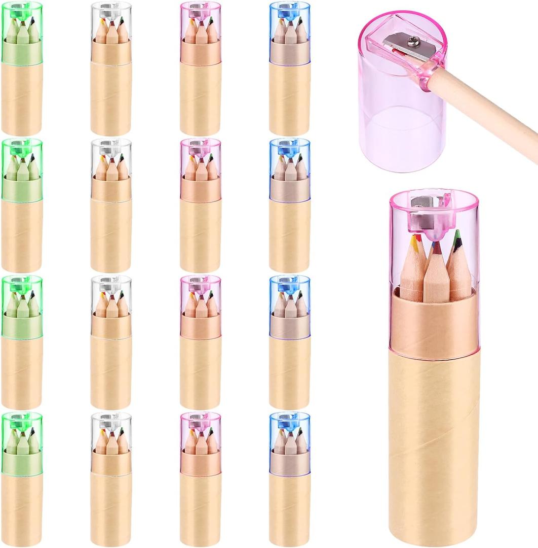 16 Pack Mini Drawing Colored Pencils With Sharpener Set for Kids - 3.3inch Short Fat Color Pencils in Tube for Adult Coloring Books, Classroom School