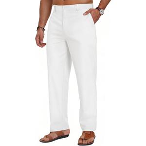 Puimentiua Mens Cotton Linen Pants Business Casual Mens Dress Pants Summer Beach Loose Relaxed Fit Trousers, White XL