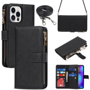 iCoverCase Compatible with iPhone 14 Pro Crossbody Case with Strap for Women, Wallet Phone Case with Card Holder, Zipper Purse PU Leather Flip Cover Case 6.1 Inch (Black) (Not Detachable (Long Strap)--Black)