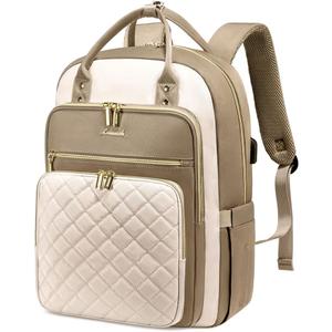 LOVEVOOK Laptop Backpack for Women, Water Resistant Travel Work Backpacks Purse Stylish College Business Teacher Nurse Computer Bag with USB Charging Port, Fits 15.6" Laptop (D-beige&khaki)
