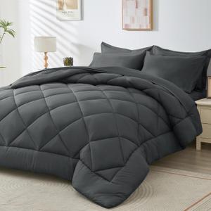 HEVUMYI 7 Pieces Queen Comforter Set, All Season Reversible Bed in a Bag Queen, Ultra Soft Queen Bedding Set with Grey Comforter, Flat Sheet, Fitted Sheet, Pillowcases, Pillow Shams, Dark Grey (Dark Gray)