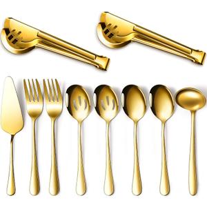 Patelai Serving Utensils Set Include Stainless Steel Large Spoons Slotted Spoons Forks Tongs Soup Ladle and Pie Server for Parties Buffet Catering, Dishwasher Safe (Gold,10 Pieces)