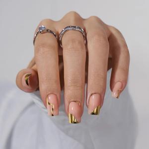 BTArtbox Press On Nails Short Square - Gold Designed Press On Nails, Winter Glue On Nails for Women Gifts, Natural Fake Nail with Glue, Glue On Nails in 16 Sizes - 30 Nail Kit, Gold Leaf