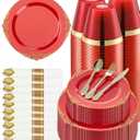 Goodluck 350 Piece Red Dinnerware Set for 50 Guests, Fancy Disposable Plates, Include: 100 Red Rim Plastic Plates, 150 Silverwares, 50 Pre Rolled Napkins, 50 Cups for Party, Wedding