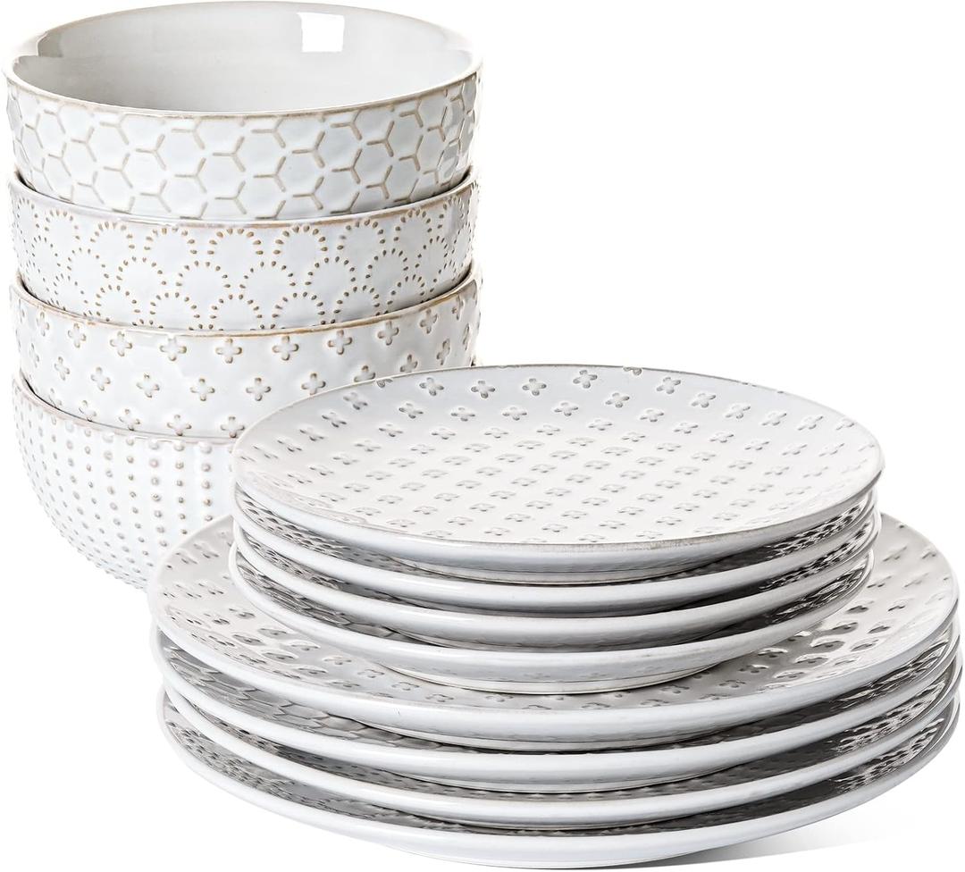 LE TAUCI Dinnerware Sets 12 PCS, Ceramic Plates and Bowls Set, Suit For Housewarming (10" Dinner Plate + 8" Salad Dish + 26 oz Cereal Bowl) x 4, Oven safe - Arctic White